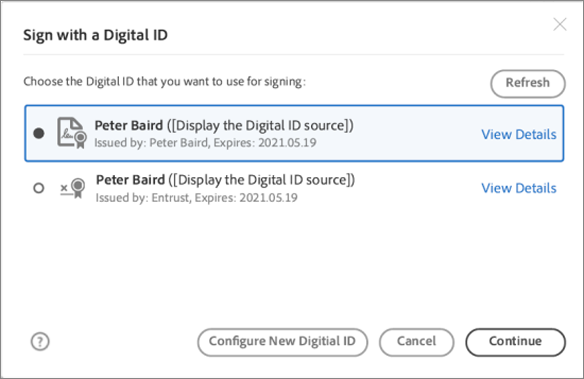 Choose a Digital ID from the list Choose a Digital ID from the list