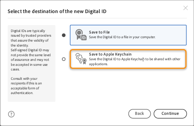 Select the location to save the digital ID