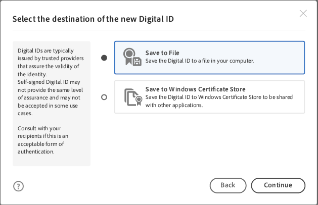 Select the location to save the digital ID