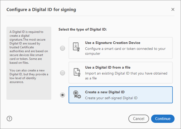 Select the type of Digital ID Select the type of Digital ID
